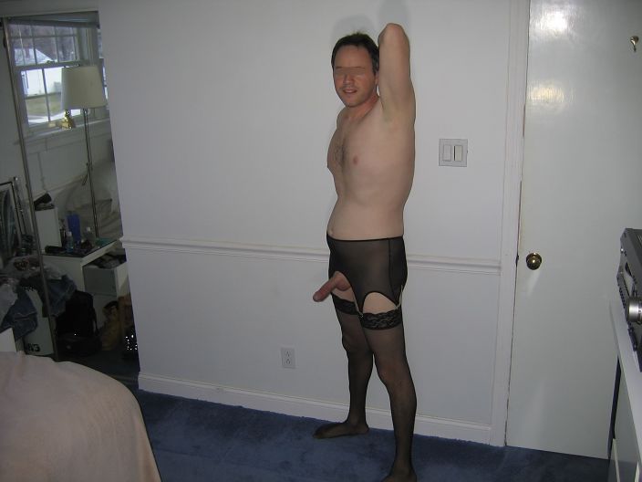 Hairless cock in black sheer garter and stockings