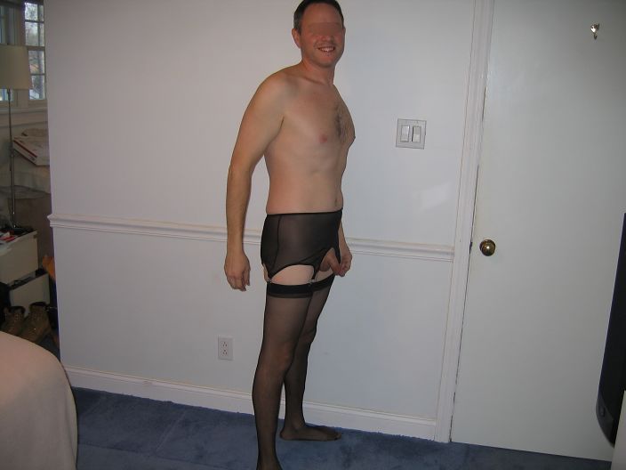 Hairless cock in black sheer garter and stockings