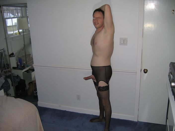 Hairless cock in black sheer garter and stockings