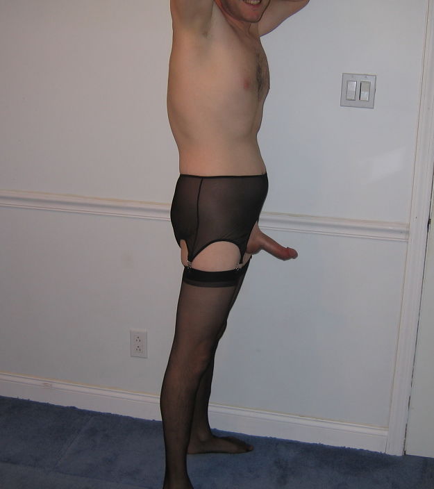 Hairless cock in black sheer garter and stockings