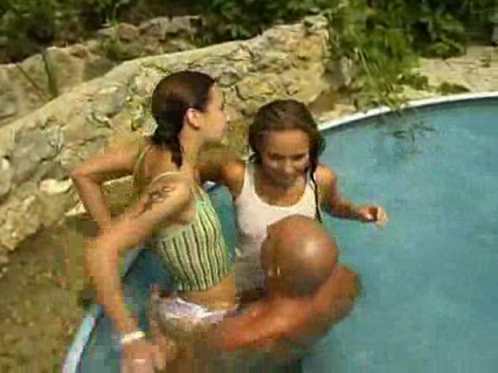 2 cute teens, 1 guy ... and a pool